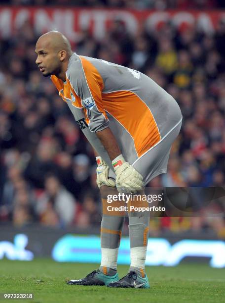 Ali Al-Habsi of Wigan Athletic looks on during the Barclays Premier League match between Manchester United and Wigan Athletic at Old Trafford on...