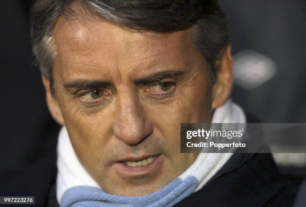 Manchester City manager Roberto Mancini during the Barclays Premier League match between Fulham and Manchester City at Craven Cottage on November 21,...