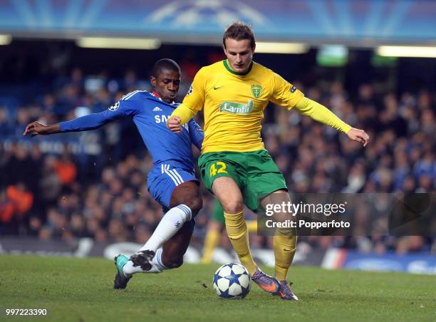 Ramires of Chelsea tackles Roman Gergel of MSK Zilina during a Champions League Group F match at Stamford Bridge on November 23, 2010 in London,...