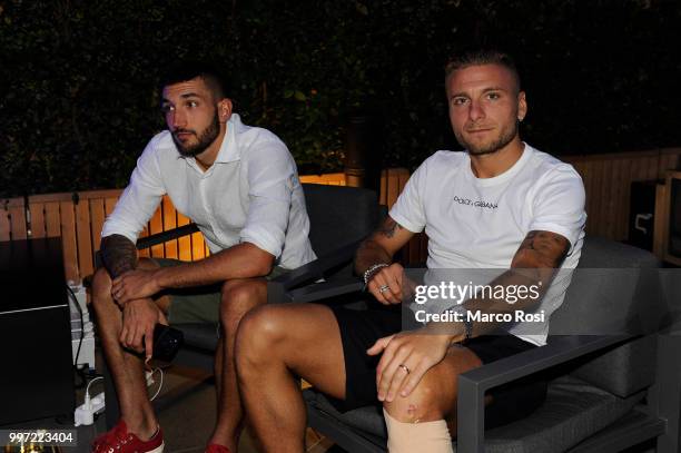 Ciro Immobile and Danilo Cataldi of SS Lazio attend the SS Lazio unveil new shirt for 2018-19 Season on July 12, 2018 in Rome, Italy.