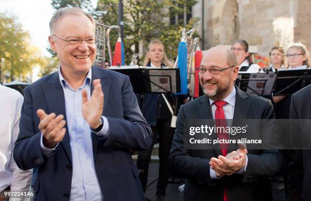 Stephan Weil , Lower Saxony's prime president, and Martin Schulz, chairman of the SPD, arriving to the election campaign of the Social Democratic...