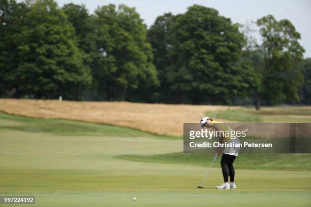 Eriko Gejo of Japan putts on the 18th green during the first round of the U.S. Senior Women's Open at Chicago Golf Club on July 12, 2018 in Wheaton,...