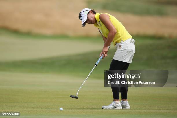 Eriko Gejo of Japan putts on the 18th green during the first round of the U.S. Senior Women's Open at Chicago Golf Club on July 12, 2018 in Wheaton,...