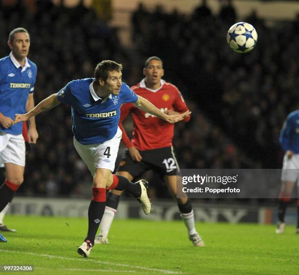 Kirk Broadfoot of Glasgow Rangers in action during the UEFA Champions League Group C match between Rangers and Manchester United at Ibrox Park on...