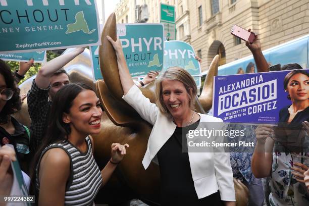 Congressional nominee Alexandria Ocasio-Cortez stands with Zephyr Teachout after endorsing her for New York City Public Advocate on July 12, 2018 in...