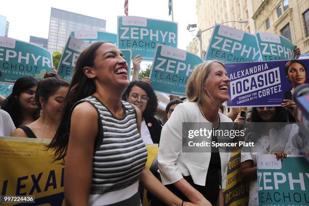 Congressional nominee Alexandria Ocasio-Cortez stands with Zephyr Teachout after endorsing her for New York City Public Advocate on July 12, 2018 in...