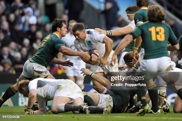 Nick Easter of England looks to drive to the line during the Investec International match between England and South Africa at Twickenham Stadium on...