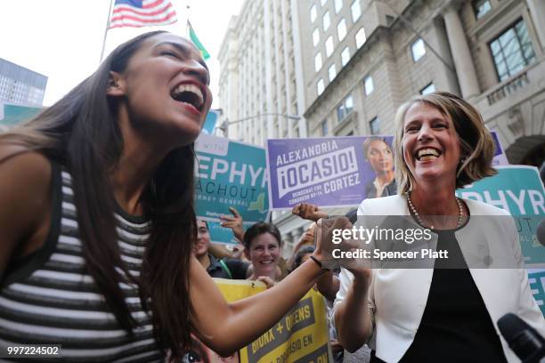 Congressional nominee Alexandria Ocasio-Cortez stands with Zephyr Teachout after endorsing her for New York City Public Advocate on July 12, 2018 in...