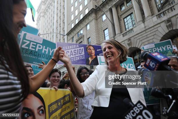 Congressional nominee Alexandria Ocasio-Cortez stands with Zephyr Teachout after endorsing her for New York City Public Advocate on July 12, 2018 in...