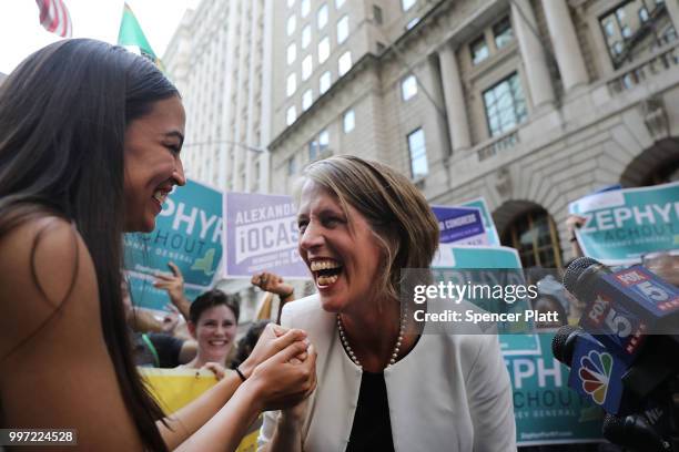 Congressional nominee Alexandria Ocasio-Cortez stands with Zephyr Teachout after endorsing her for New York City Public Advocate on July 12, 2018 in...