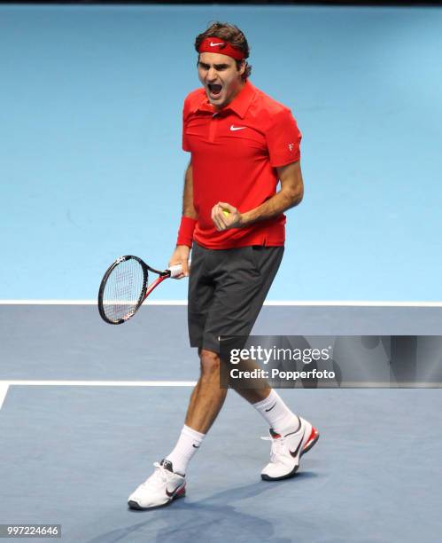 Roger Federer celebrates after defeating Rafael Nadal in the ATP World Tour Final at the O2 Arena on November 28, 2010 in London, England.