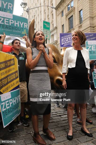 Congressional nominee Alexandria Ocasio-Cortez stands with Zephyr Teachout after endorsing her for New York City Public Advocate on July 12, 2018 in...