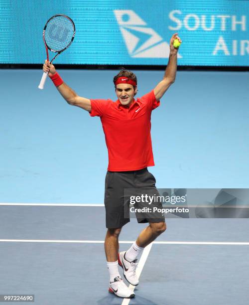 Roger Federer celebrates after defeating Rafael Nadal in the ATP World Tour Final at the O2 Arena on November 28, 2010 in London, England.