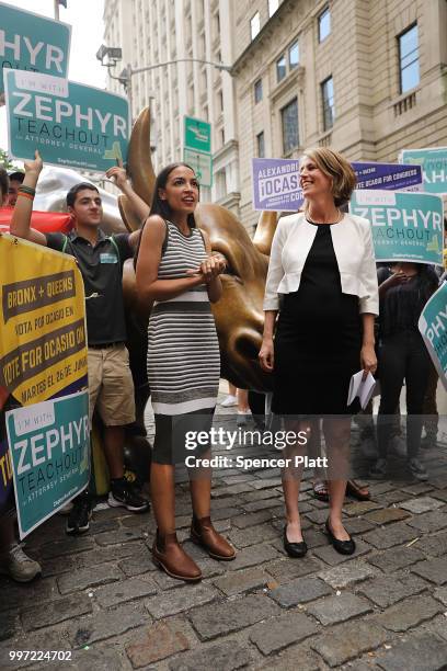 Congressional nominee Alexandria Ocasio-Cortez stands with Zephyr Teachout after endorsing her for New York City Public Advocate on July 12, 2018 in...