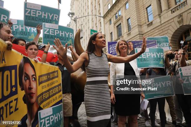 Congressional nominee Alexandria Ocasio-Cortez stands with Zephyr Teachout after endorsing her for New York City Public Advocate on July 12, 2018 in...