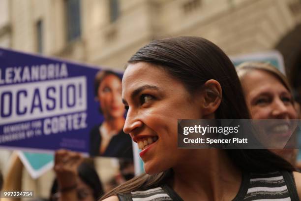 Congressional nominee Alexandria Ocasio-Cortez stands with Zephyr Teachout after endorsing her for New York City Public Advocate on July 12, 2018 in...