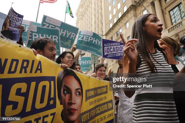 Congressional nominee Alexandria Ocasio-Cortez stands with Zephyr Teachout after endorsing her for New York City Public Advocate on July 12, 2018 in...