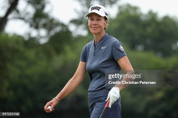 Suzy Whaley reacts to her putt on the ninth green during the first round of the U.S. Senior Women's Open at Chicago Golf Club on July 12, 2018 in...