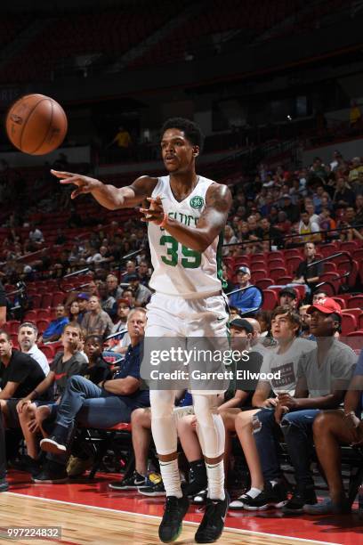 Jarell Eddie of the Boston Celtics passes the ball against the New York Knicks during the 2018 Las Vegas Summer League on July 12, 2018 at the Thomas...