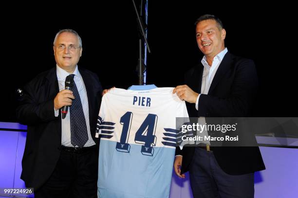 Lazio President Claudio Lotito and President of la Rinascente Pierluigi Cocchini of SS Lazio attend the SS Lazio unveil new shirt for 2018-19 Season...