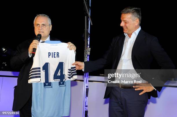 Lazio President Claudio Lotito and President of la Rinascente Pierluigi Cocchini of SS Lazio attend the SS Lazio unveil new shirt for 2018-19 Season...