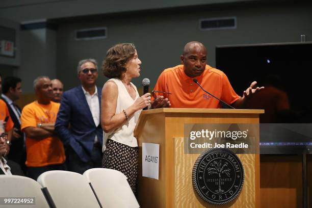 Orlando Hernandez, a former major league baseball player, speaks at Miami City Hall against building a Major League soccer stadium on a public golf...