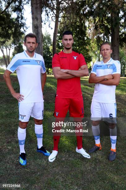 Senad Lulic, Thomas Strakosha and Lucas Leiva of SS Lazio attend the SS Lazio unveil new shirt for 2018-19 Season on July 12, 2018 in Rome, Italy.