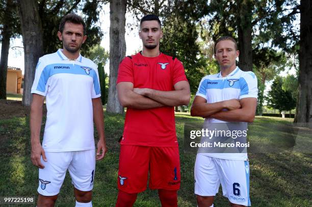 Senad Lulic, Thomas Strakosha and Lucas Leiva of SS Lazio attend the SS Lazio unveil new shirt for 2018-19 Season on July 12, 2018 in Rome, Italy.