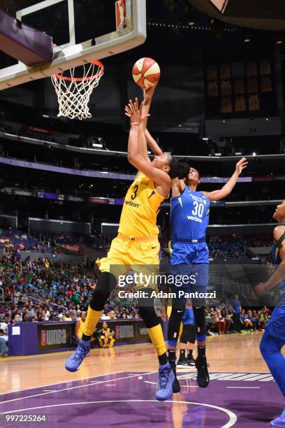 Candace Parker of the Los Angeles Sparks shoots the ball against the Dallas Wings on July 12, 2018 at STAPLES Center in Los Angeles, California. NOTE...