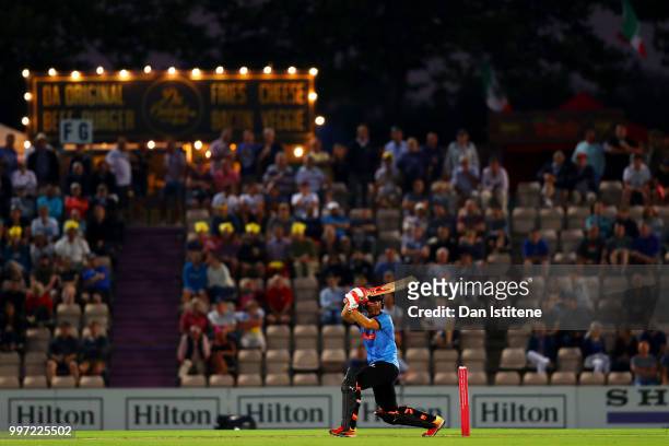Laurie Evans of Sussex Sharks bats during the Vitality Blast match between Hampshire and Sussex Sharks at The Ageas Bowl on July 12, 2018 in...