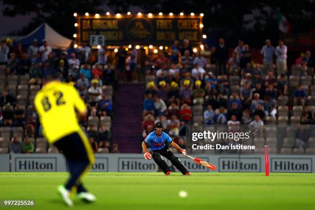 Laurie Evans of Sussex Sharks runs during the Vitality Blast match between Hampshire and Sussex Sharks at The Ageas Bowl on July 12, 2018 in...