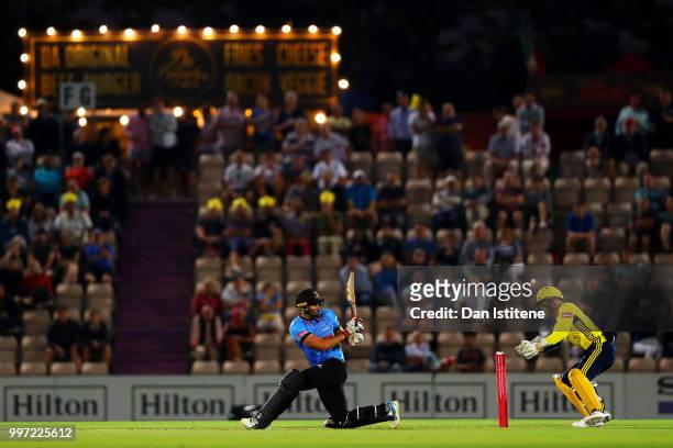 Tom Bruce of Sussex Sharks bats during the Vitality Blast match between Hampshire and Sussex Sharks at The Ageas Bowl on July 12, 2018 in...