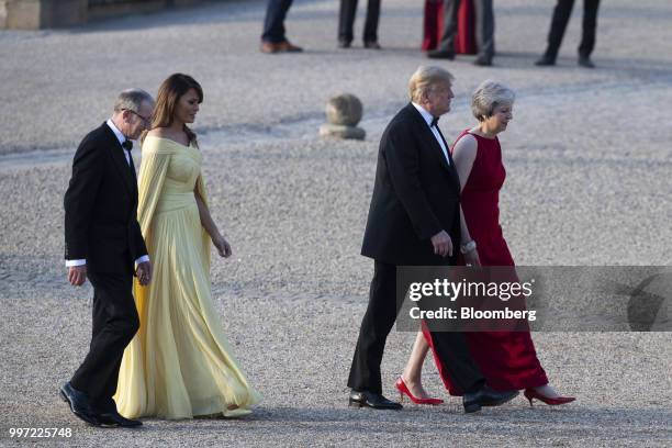 Theresa May, U.K. Prime minister, from top left, and U.S. President Donald Trump, U.S. First Lady Melania Trump, and Philip May, husband of May,...