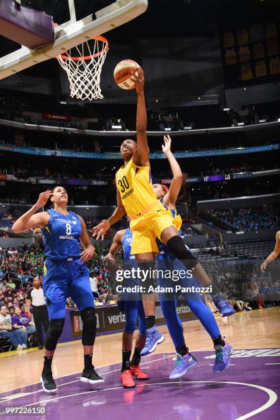 Nneka Ogwumike of the Los Angeles Sparks goes to the basket against the Dallas Wings on July 12, 2018 at STAPLES Center in Los Angeles, California....