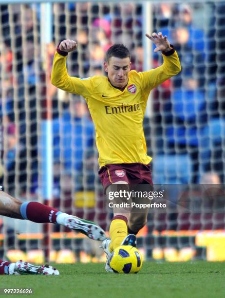 Laurent Koscielny of Arsenal in action during the Barclays Premier League match between Aston Villa and Arsenal at Villa Park on November 27, 2010 in...