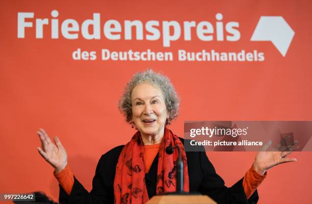 Canadian author Margaret Atwood speaking during a press conference at the Frankfurt Book Fair in Frankfurt, Germany, 14 October 2017. Atwood will be...