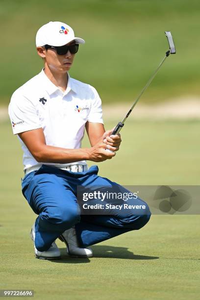 Whee Kim of Korea lines up a putt on the 15th green during the first round of the John Deere Classic at TPC Deere Run on July 12, 2018 in Silvis,...