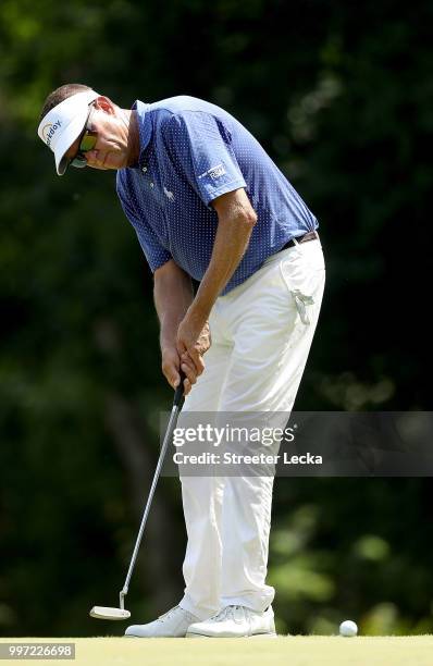 Davis Love III putts the ball on the sixth hole during the first round of the John Deere Classic at TPC Deere Run on July 12, 2018 in Silvis,...