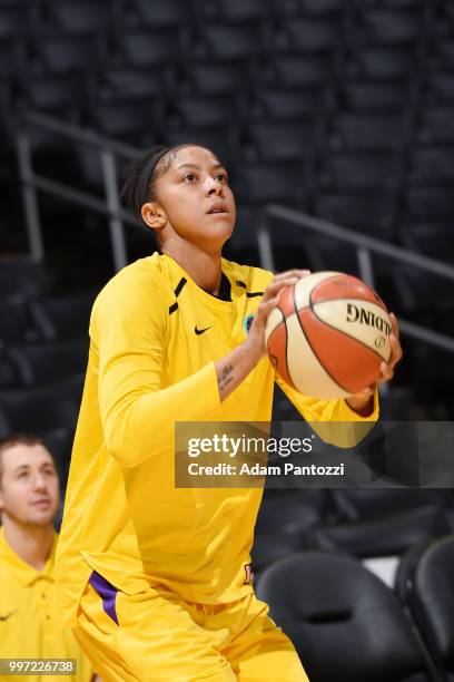 Candace Parker of the Los Angeles Sparks shoots the ball before the game against the Dallas Wings on July 12, 2018 at STAPLES Center in Los Angeles,...