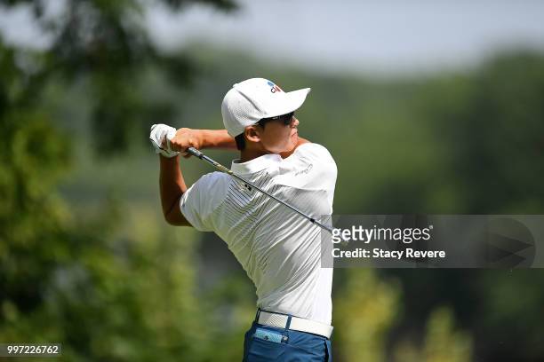 Whee Kim of Korea hits his tee shot on the 16th hole during the first round of the John Deere Classic at TPC Deere Run on July 12, 2018 in Silvis,...