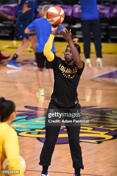 Essence Carson of the Los Angeles Sparks shoots the ball before the game against the Dallas Wings on July 12, 2018 at STAPLES Center in Los Angeles,...