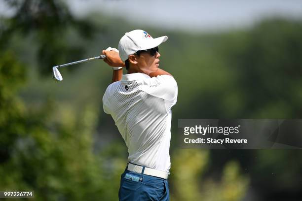 Whee Kim of Korea hits his tee shot on the 16th hole during the first round of the John Deere Classic at TPC Deere Run on July 12, 2018 in Silvis,...