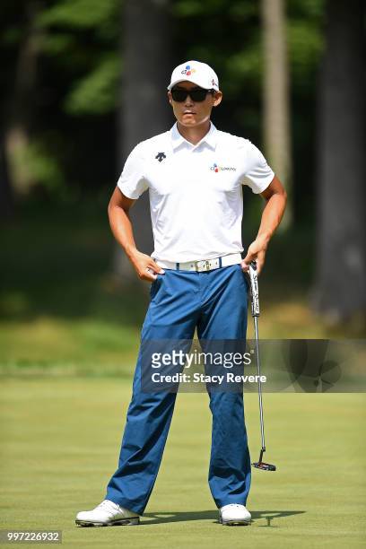 Whee Kim of Korea waits to putt on the 15th green during the first round of the John Deere Classic at TPC Deere Run on July 12, 2018 in Silvis,...