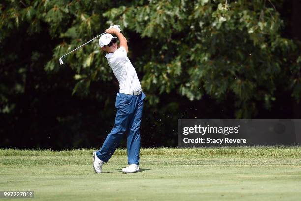 Whee Kim of Korea hits his approach shot on the 15th hole during the first round of the John Deere Classic at TPC Deere Run on July 12, 2018 in...