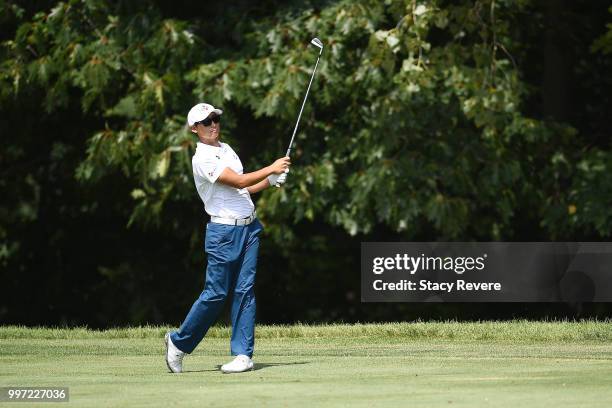 Whee Kim of Korea hits his approach shot on the 15th hole during the first round of the John Deere Classic at TPC Deere Run on July 12, 2018 in...