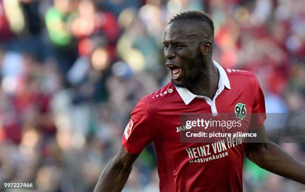 Hannover's Salif Sane celebrating the 1:1 equaliser against Eintracht Frankfurt during the German Bundesliga soccer match Hannover 96 and Eintracht...