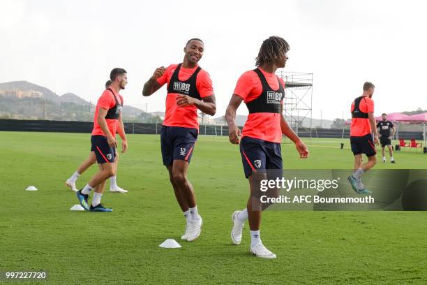 Callum Wilson and Nathan Ake of Bournemouth during training session at the clubs pre-season training camp at La Manga, Spain on July 12, 2018 in La...