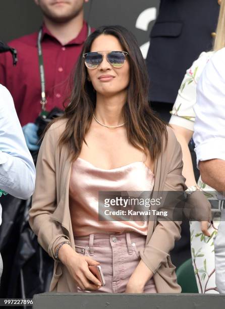 Olivia Munn attends day ten of the Wimbledon Tennis Championships at the All England Lawn Tennis and Croquet Club on July 12, 2018 in London, England.