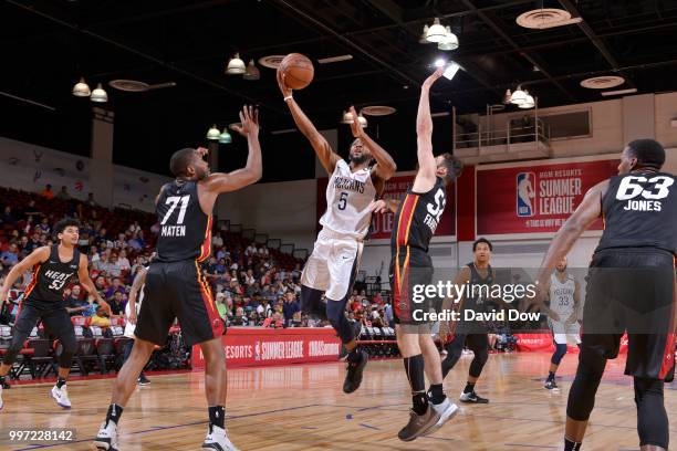 Chasson Randle of the New Orleans Pelicans goes to the basket against the Miami Heat during the 2018 Las Vegas Summer League on July 12, 2018 at the...