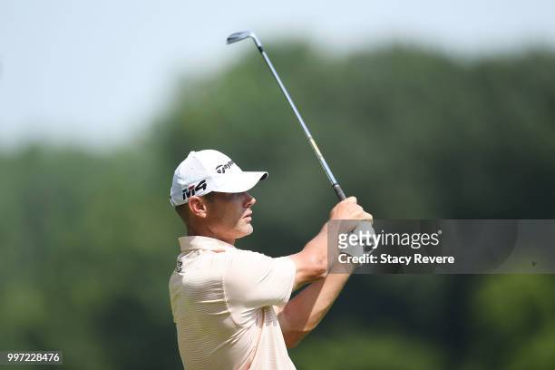 Shawn Stefani hits his tee shot on the 16th hole during the first round of the John Deere Classic at TPC Deere Run on July 12, 2018 in Silvis,...